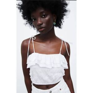 Zara Smocked Cotton Gauze Ruffle Spaghetti Strap Crop Top Sz. L